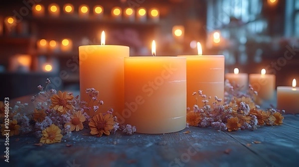 Fototapeta Four lit candles with small yellow flowers in front of them on a wooden table with a blurred background of more candles.