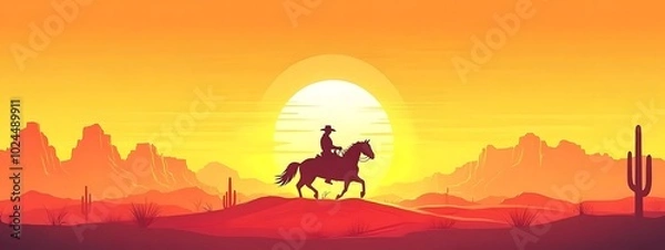 Fototapeta A flat vector illustration of a cowboy riding a horse in a desert landscape, with a sunset in the background
