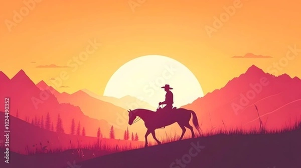 Fototapeta A flat vector illustration of a cowboy riding a horse in a desert landscape, with a sunset in the background
