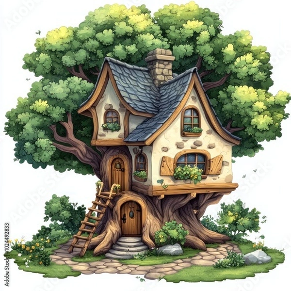 Fototapeta Charming Treehouse Illustration with Stone Path and Flowers