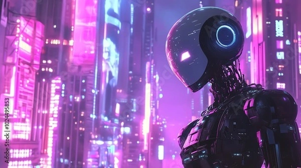 Fototapeta A futuristic, humanoid robot stands in a neon-lit cyberpunk city, its metallic body glowing with light.