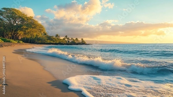 Fototapeta A picturesque beach scene with turquoise waves lapping at a sandy shore at sunset.