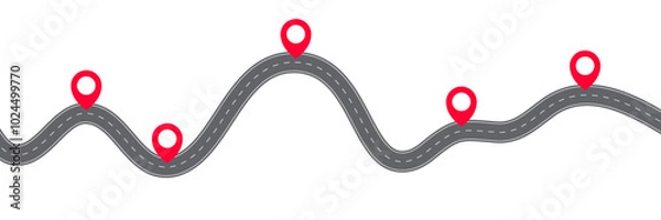 Obraz Abstract vector illustration of winding curve asphalt road infographic isolated on a white background. Way location, highway, direction, transportation, pinpointer, timeline concept template