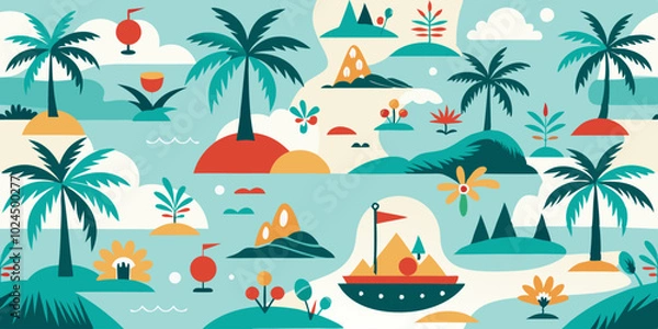 Fototapeta Colorful tropical seamless pattern with palm trees and abstract landscapes for summer design