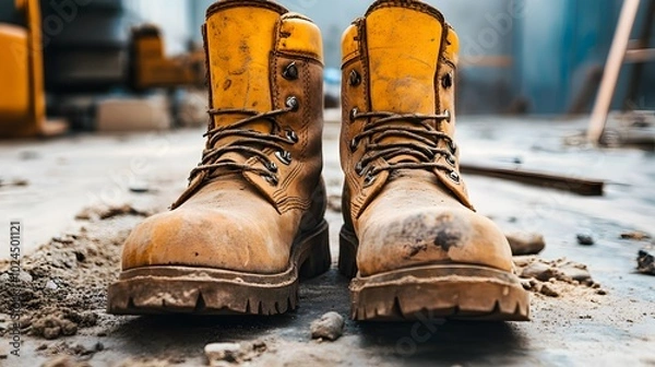 Fototapeta A set of rugged work boots with scuff marks, displayed in a construction site setting