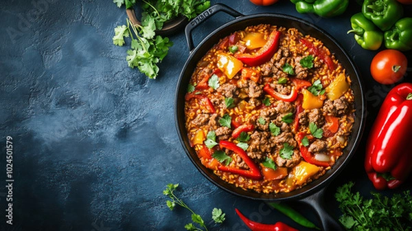 Fototapeta paprika pan, Photo of a skillet with beef and bell peppers in the style of Tina's lithograph style on a dark blue background, top view. Cheese chicken mince paella in a cast-iron pan with colorful veg
