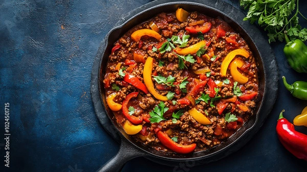 Fototapeta paprika pan, Photo of a skillet with beef and bell peppers in the style of Tina's lithograph style on a dark blue background, top view. Cheese chicken mince paella in a cast-iron pan with colorful veg