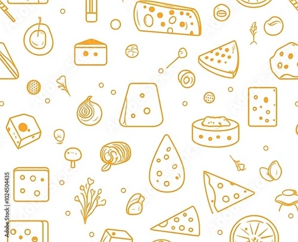 Fototapeta A seamless pattern of cheese icons in an orange line art style