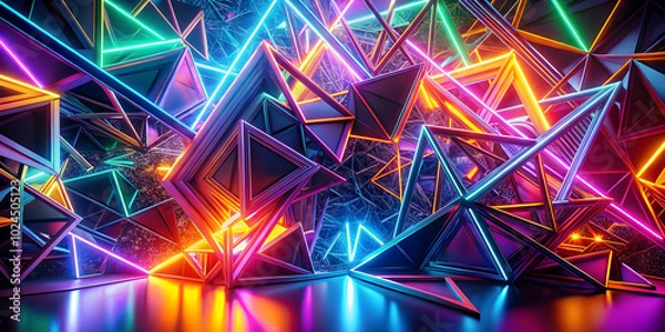 Fototapeta Neon Geometry:  A mesmerizing abstract composition of vibrant, glowing neon triangles, arranged in a dynamic and chaotic pattern, creating an illusion of depth and movement. Perfect for tech, music.