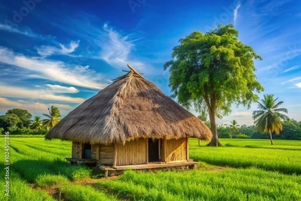 Obraz Macro viewpoint of a thatched hut in a farm field with green trees and a blue sky in the background