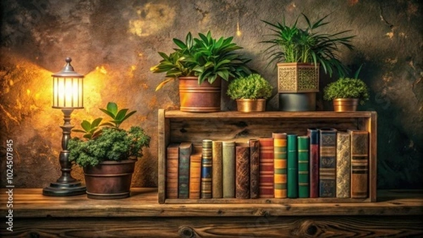 Fototapeta Rustic wooden shelf adorned with books and a vibrant green plant, creating a stylish and inviting home decor focal point to elevate any living space.