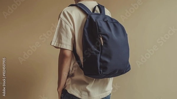 Fototapeta Young person wearing a beige shirt and denim jeans while standing with a blue backpack against a simple background