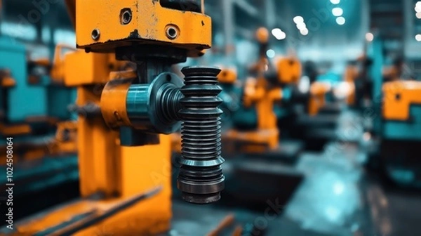 Fototapeta Close-up of industrial machinery inside a factory, featuring a metal gear attached to a yellow machine with blurred background of additional equipment.