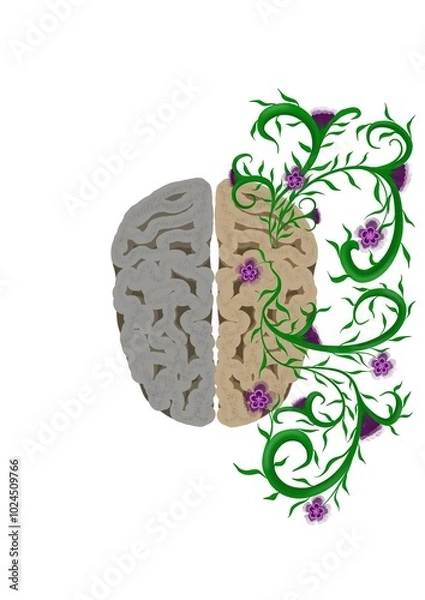 Fototapeta Illustration of the human brain. One half is gray and dull, the other is light beige and from it grows a climbing green plant with purple flowers. Take care of your mental health.