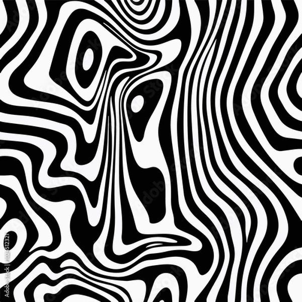 Fototapeta Abstract black and white optical illusion pattern with wavy stripes. Perfect for backgrounds, graphic design, posters, and modern art projects. High contrast design, trendy and visually captivating.

