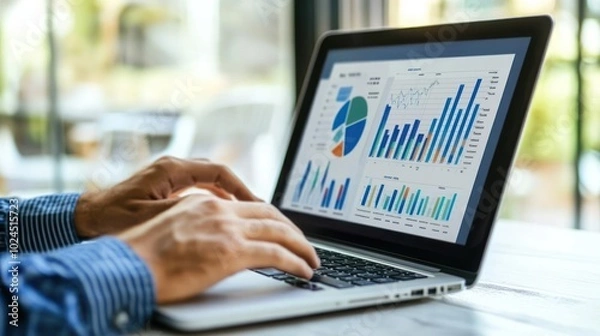 Obraz A person analyzing data on a laptop with various graphs and charts displayed.