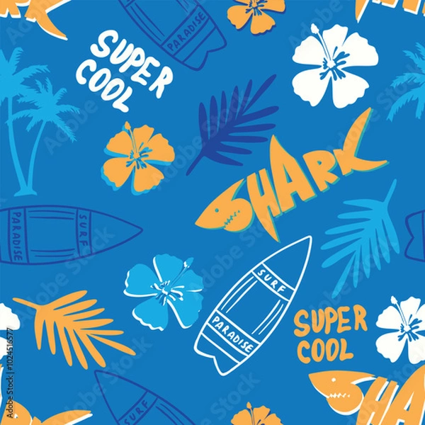Fototapeta Tropical summer seamless pattern.Palm leaf, surfboard and shark drawing. For textile and more