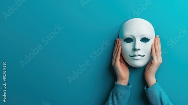 Fototapeta Colleague hiding behind a mask of friendliness, concealing a malicious intent, symbolizing deceit and false relationships