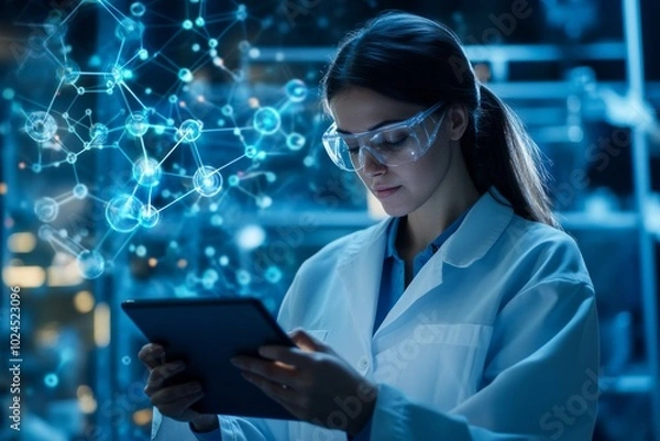 Fototapeta Young female biologist in protect glasses and white medical coat holding tablet in lab, 3D image of molecules flying around, copy space. Concept: Science Day, automation in science, medical technology