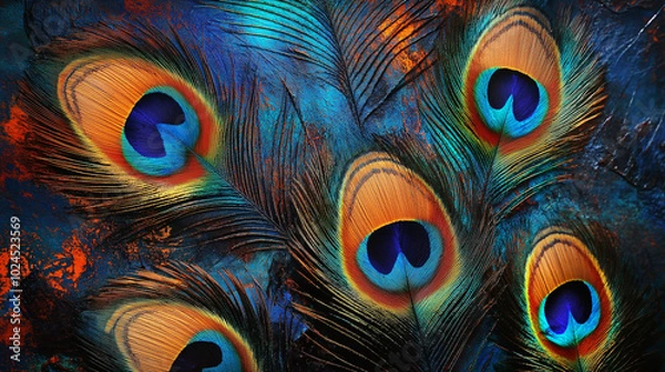 Fototapeta Dazzling peacock feathers with golden and teal highlights, close-up of intricate natural patterns, rich colors for luxurious and exotic background concepts