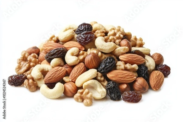 Fototapeta A pile of mixed nuts and dried fruits, including almonds, cashews, raisins, and walnuts