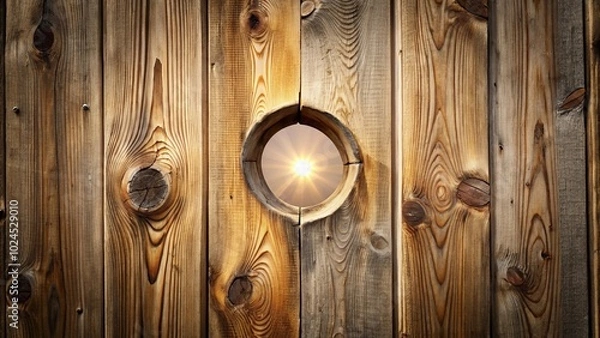 Fototapeta A circular aperture in a wooden panel reveals a sun-drenched vista, its rays radiating outwards like spokes of a wheel, a symbol of hope and new beginnings.