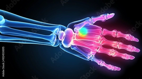 Fototapeta Detailed wrist joint X-ray, pain area depicted with bright green glow, realistic bone outlines, glowing overlay around pain region, smooth shadow gradients for depth,