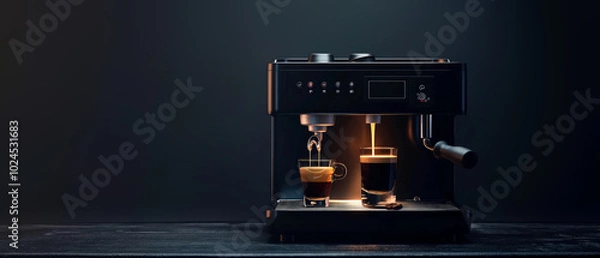 Obraz Minimal mockup with coffee brewing at coffee machine on black background. Pouring espresso. Coffee shop, cafe illustration. Copy space. Generative ai
