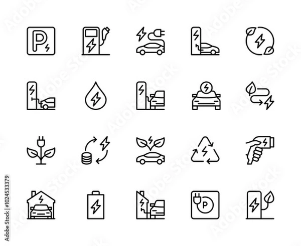 Fototapeta Car charging station vector linear icons set. Contains such icons as parking, car charger, charging icon, car and more.
