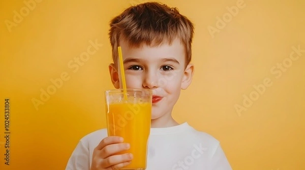 Fototapeta Joyful Child Drinking Refreshing Orange Juice with a Cybernetic Triadic Color Scheme Background Showcasing the Pleasure of Healthy