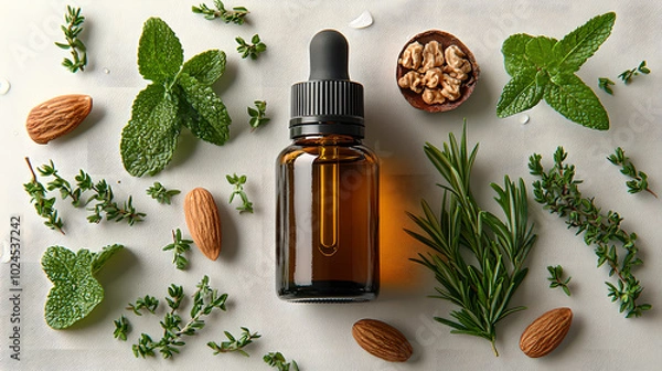 Fototapeta Essential Oils and Fresh Herbs Arrangement on Surface