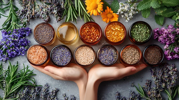 Fototapeta Variety of Spices and Herbs in Jars Displayed on Hands