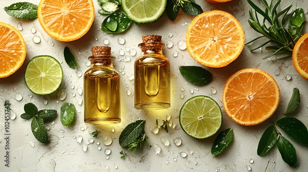 Fototapeta Citrus Essential Oils with Fresh Fruits and Herbs