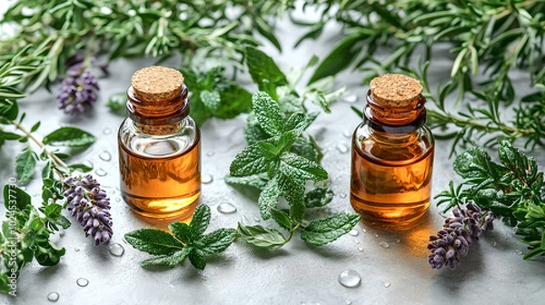 Fototapeta Herbal Essence Bottles with Fresh Greenery and Flowers