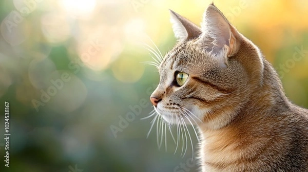 Fototapeta Detailed side profile of a shorthair cat highlighting the sleek texture of its fur and versatile digital binary complementary color scheme leaving room for text or designs in the background