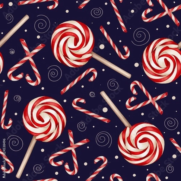Fototapeta Seamless Christmas pattern with traditional peppermint candy cane and lollypops. Festive hand drawn watercolor pattern on dark background.