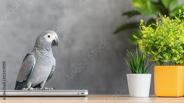 Fototapeta African grey parrot in a modern home office setting, domestic bird, working companion
