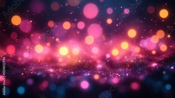 Fototapeta Vibrant Abstract Bokeh Light Effect With Sparkling Glitter And Soft Glowing Particles In Pink And Orange For Digital Art And Festive Designs