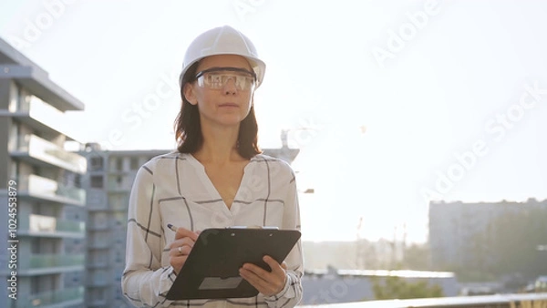 Fototapeta Woman construction engineer wearing white checked blouse and hard hat is making notes on a clipboard while inspecting a building site at sunset, front view. Architecture and engineering concepts