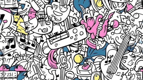 Fototapeta A detailed music-themed pattern, depicting electric guitars, drum sets, neon-colored keyboards, and swirling music notes amidst abstract sound wave shapes. Light,