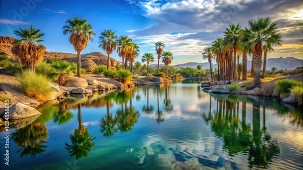 Fototapeta Stunning desert oasis with palm trees and rocky shore of lake in the desert