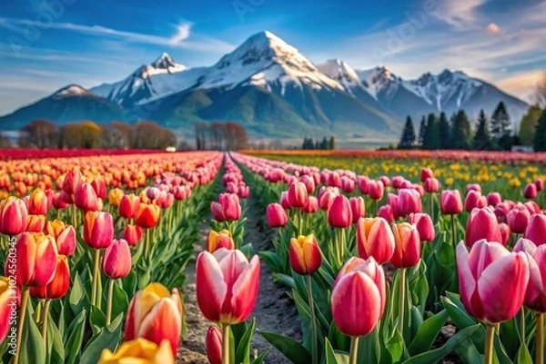 Fototapeta Stunning Tulip Field with Mountain Backdrop in Spring Landscape Close-Up