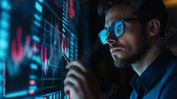 Fototapeta Bond traders reviewing the effect of inflation on bond market returns through futuristic digital charts, analyzing real-time data streams, interest rate shifts, and inflationary impacts on investment 