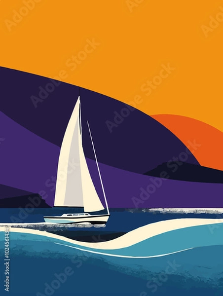 Fototapeta Vibrant abstract artwork of a sailboat on colorful waves at sunset. Modern, minimalist style using bold and contrasting hues. Perfect for wall art, posters, or creative backgrounds. Summer vibe.