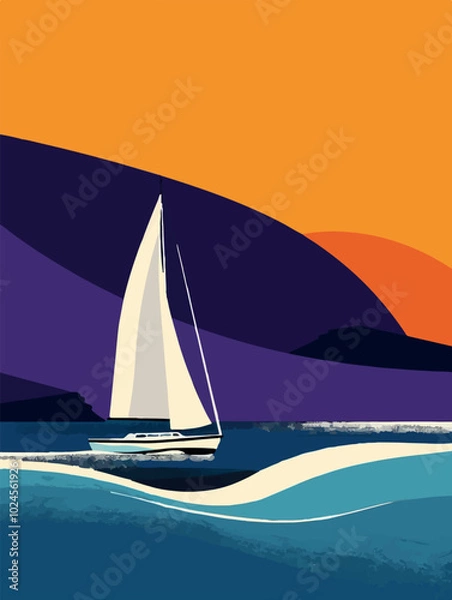 Fototapeta Vibrant abstract artwork of a sailboat on colorful waves at sunset. Modern, minimalist style using bold and contrasting hues. Perfect for wall art, posters, or creative backgrounds. Summer vibe.