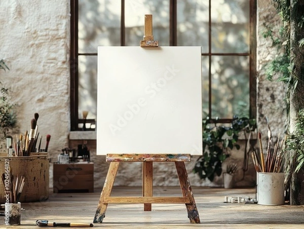 Fototapeta A blank canvas on an easel in a sunlit art studio, ready for a creative masterpiece to emerge and inspire artistic expression.