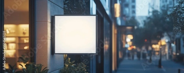 Fototapeta A blank shop sign illuminated at dusk, showcasing an inviting storefront in a modern blurred urban setting.