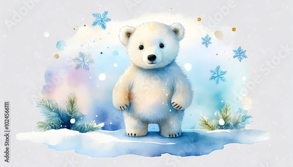 Obraz A cute baby polar bear stands on a snowy surface surrounded by snowflakes, depicted in soft watercolor tones