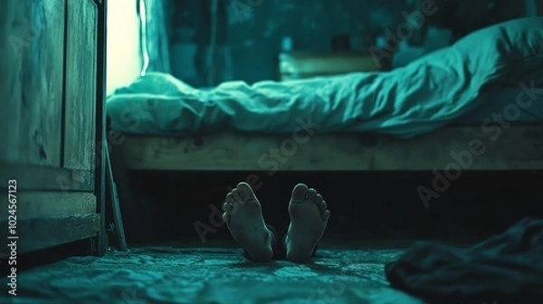 Fototapeta A chilling scene where someone s feet dangle just above the floor, knowing that something horrifying waits under the bed