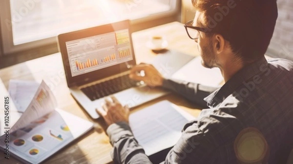 Fototapeta Focused businessman at desk with financial documents and laptop displaying earnings reports, conveying determination and attention to financial data analysis.
